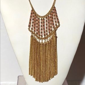 Gold and Pink Metal Beaded Fringe Necklace.